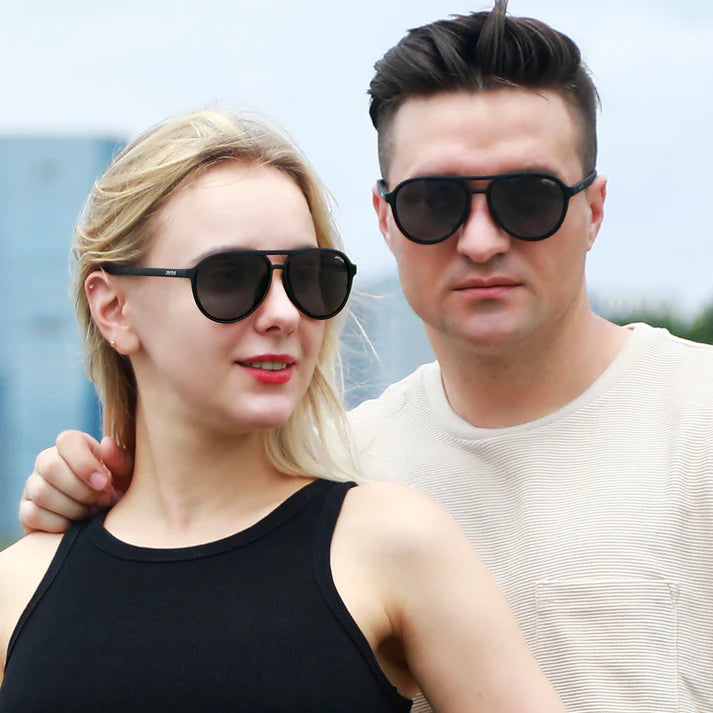 Couple-Wearing-Sports-Aviator-Sunglasses-Black