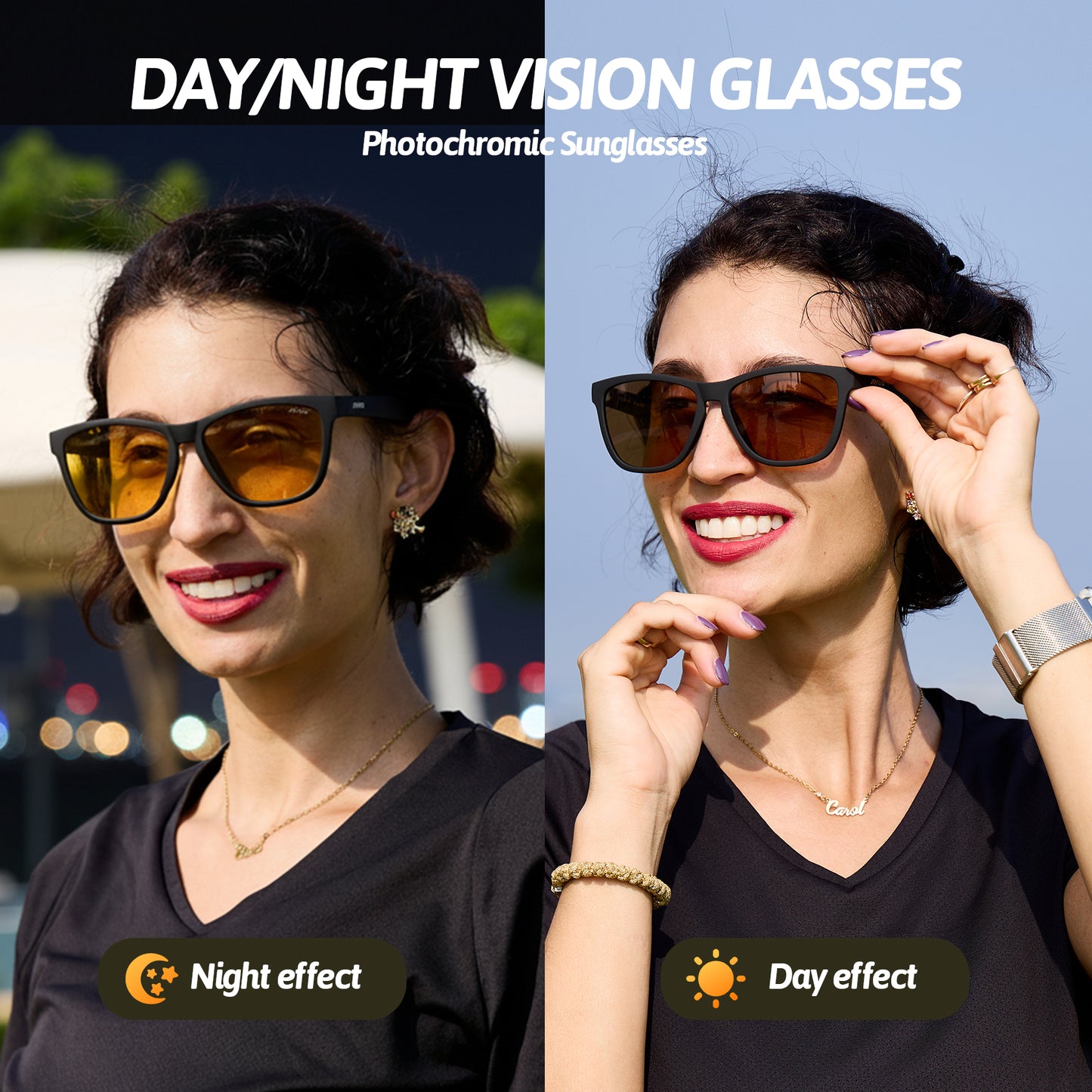 Photochromic Square Night Vision Sunglasses · Decent Black JF219