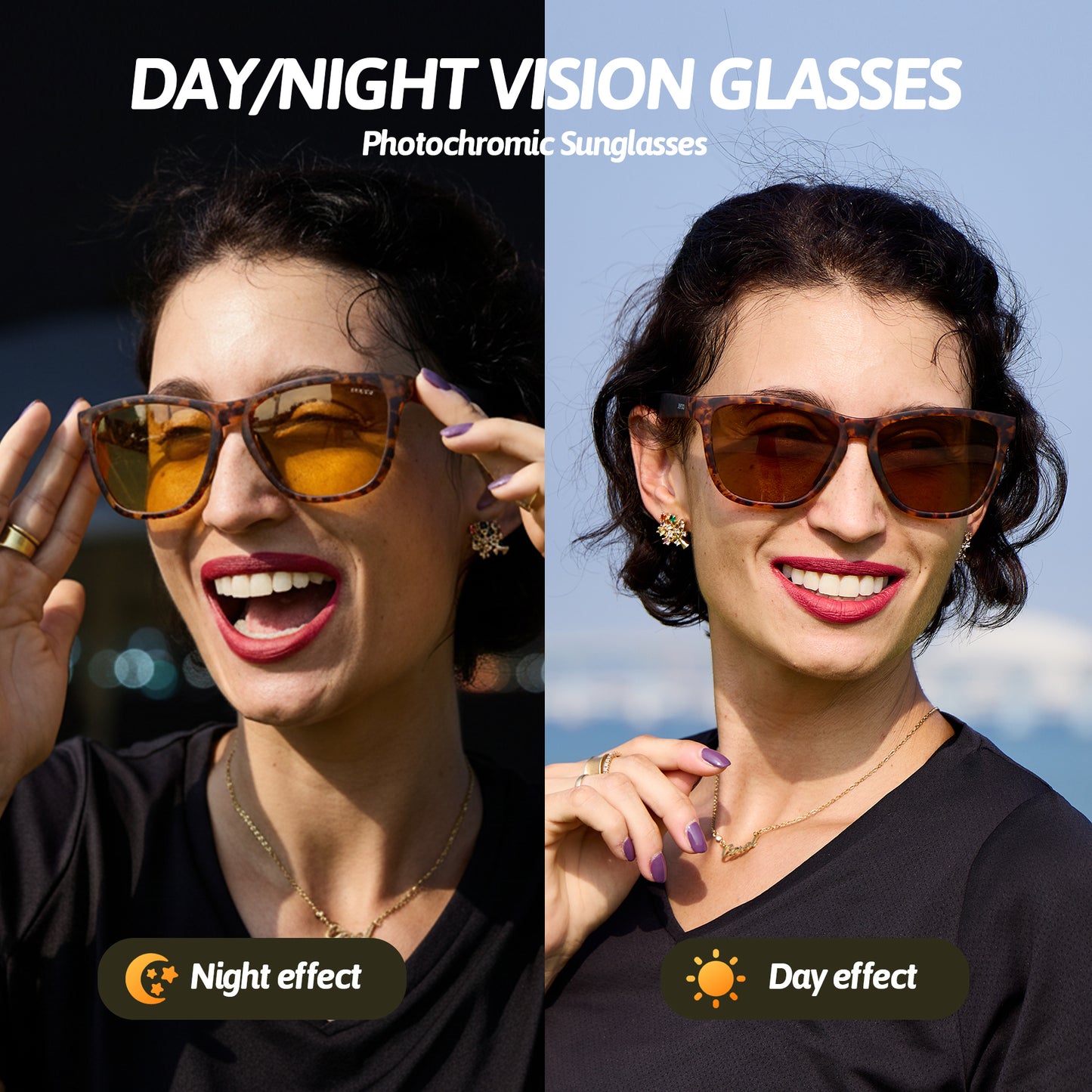 Photochromic Square Night Vision Glasses · Classic Tortoise JF219