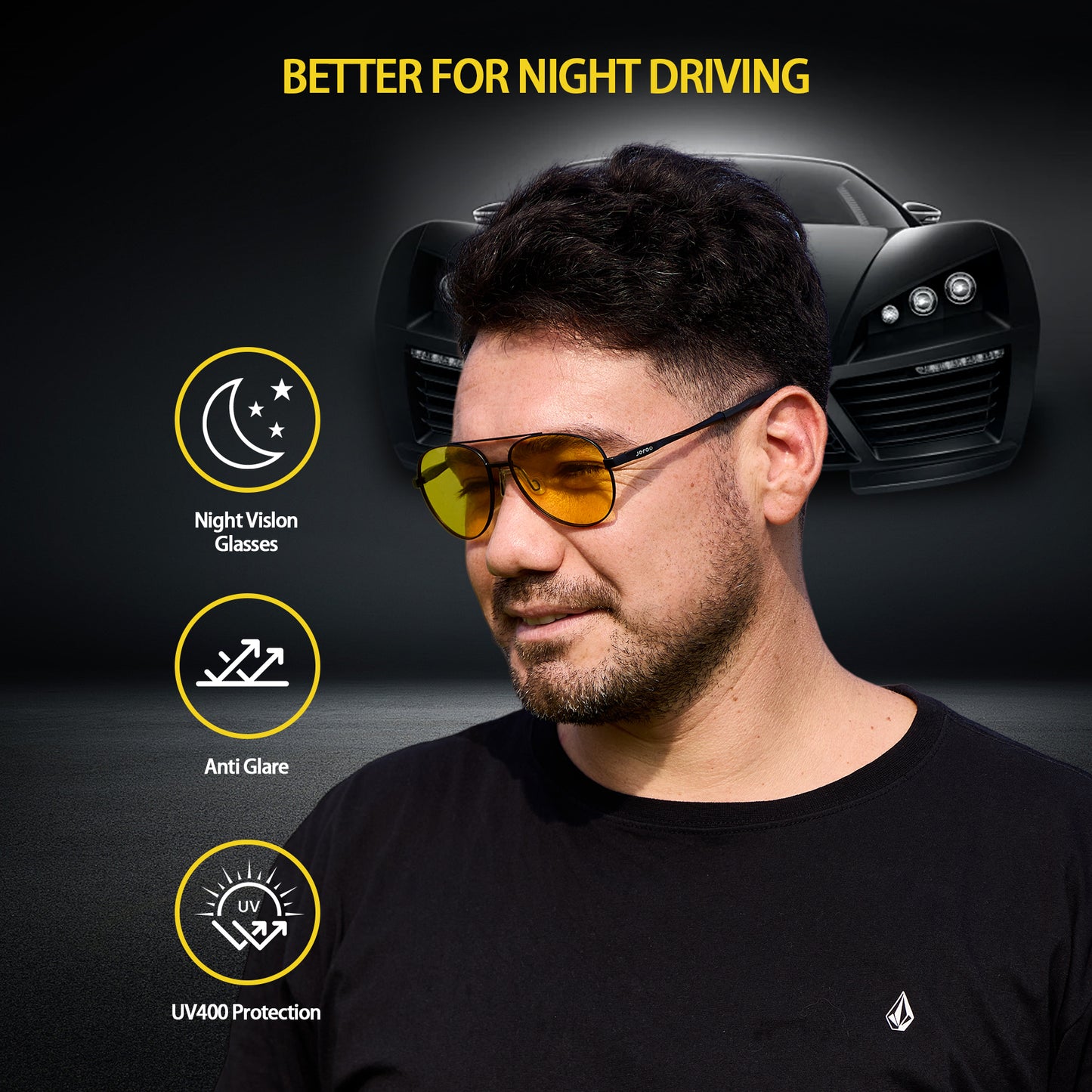 Metal Frame Aviator Night Vision Glasses For Driving · Nyx Black JF119